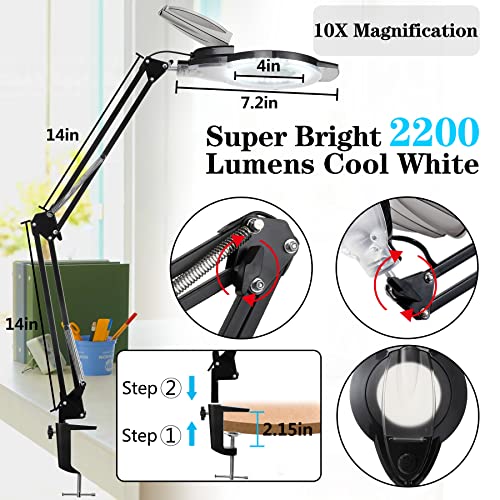 10X LED Magnifying Lamp with Clamp, KIRKAS 2,200 Lumens Dimmable Super Bright Daylight Magnifying Glass with Light, Adjustable Swivel Arm Lighted Magnifier Lamp for Reading Repair Crafts- Black