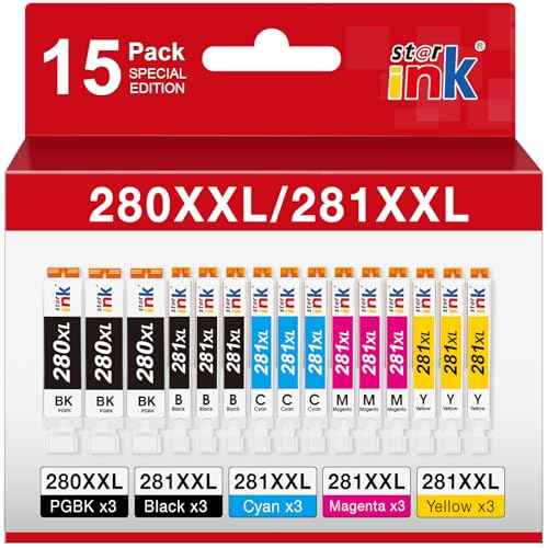 15 Pack PGI-280XXL/CLI-281XXL Replacement for Canon 280 281 Ink cartridges Compatible with Canon TR8620a Ink Cartridges TR8520 TR8620 TR8600 TR7520 TS702a TS6120 TS6220 TS9120 TS6320 Printer