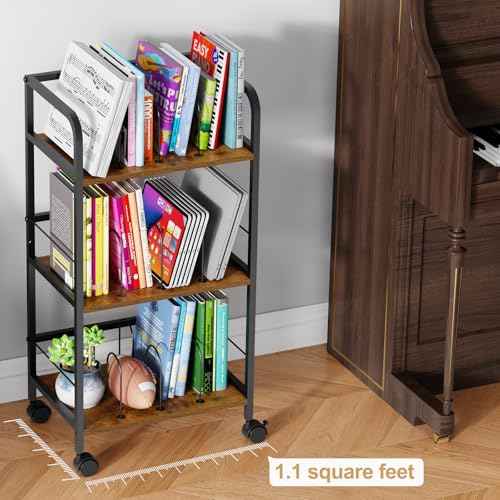 Rolling Book Cart with Removable Dividers, 3-Tier File Cart with Wheels, Utility Storage Rack for Office, Home, Classroom, Art Supply Organizer, Binder and Laptop Shelf Rack