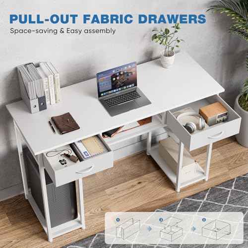 OLIXIS 48 Inch Desk with Drawers, Home Office Computer Desk with Adjustable Shelves on Both Sides, Study Writing Table with Adjustable Feet for Bedroom, White