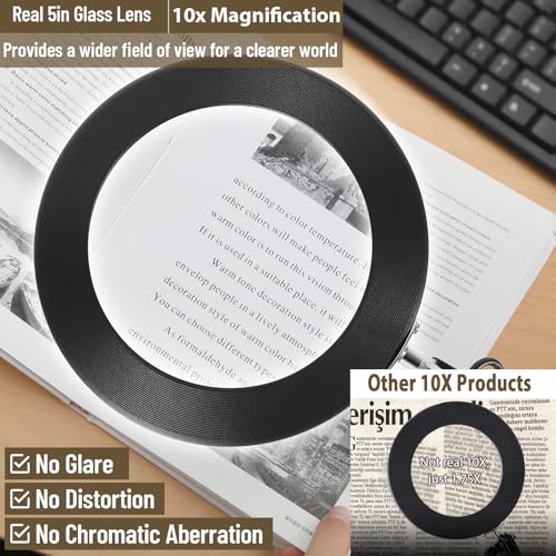 LANCOSC Magnifying Glass with Light and Stand, 5 Inches 10X Real Glass Lens, 3 Color Modes Stepless Dimmable LED Desk Lamp, Adjustable Arm Lighted Magnifier Light for Reading Repair Crafts Close Work