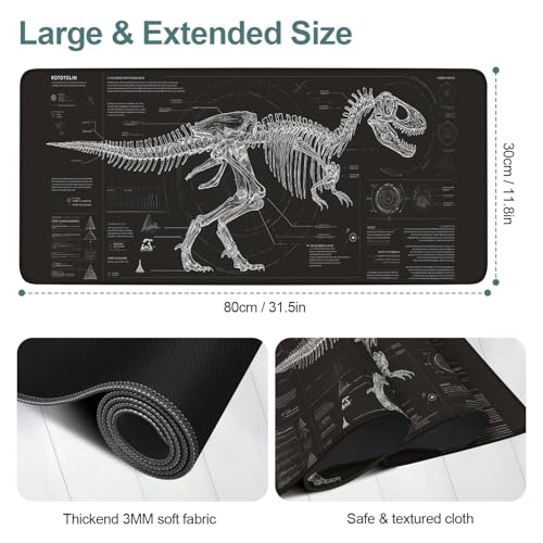 LEIWEIHOPE Dinosaur Skeleton Extended Gaming Mouse Pad 33x11.8 Inches - Large Desk Mat for Gaming & Office, Non-Slip Rubber Base