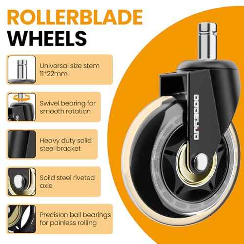 3-Inch Heavy Duty Office Chair Wheels, Load Capacity 660LBS(300kg), Stem Size 7/16¡±-7/8¡±, Not for 1KEA Chairs, Set of 5, Silent & Wear-Resistant, Clear CPU Material, for Hardwood Carpet Tile Cement