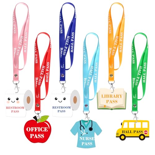 Cute Set of 6 PVC Classroom Passes with Lanyards - School Supplies, Office & Library Access, Teacher Organizer (Sereliy)