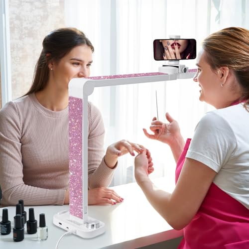 BZJ 34in Large Nail Light for Desk Foldable Moon Lamp LED 3 Color Stepless Dimming Pink Table Lamp with Base Phone Stand for Beauty Eyelash Makeup Tattoo Crafts Reading Spa Salon Tech