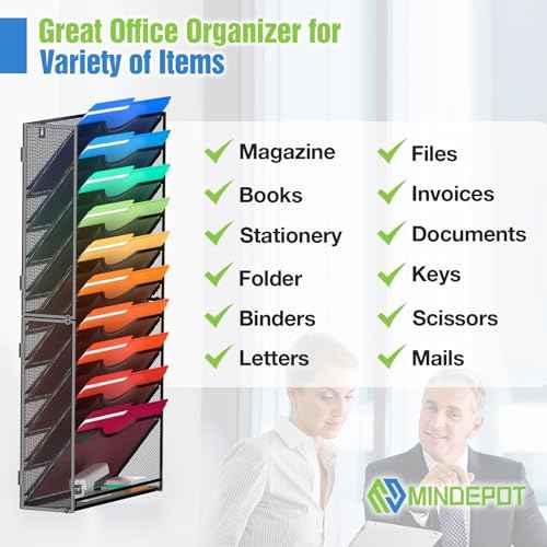 11 Tier Wall File Holder Hanging Wall Mount Paper File Organizer for Mails Folders Document Magazine Organization, for Office School Home, Black
