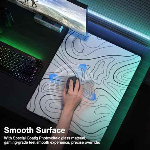 DAWNTREES Glass Gaming Mouse Pad,Accurate and Fast Mouse Tracking,Tempered Glass,Anti-Slip Rubber Base,Large Mouse Mat for Office & Home,XXL 19.69"x15.75" White Topographic