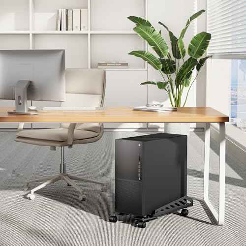 Adjustable PC Stand for Floor(400-510mm D, 160-300mm W), PC Tower Stand with 4 Caster Wheels, Ventilated Under Desk CPU Cart Holder for Office, Gamers, Black