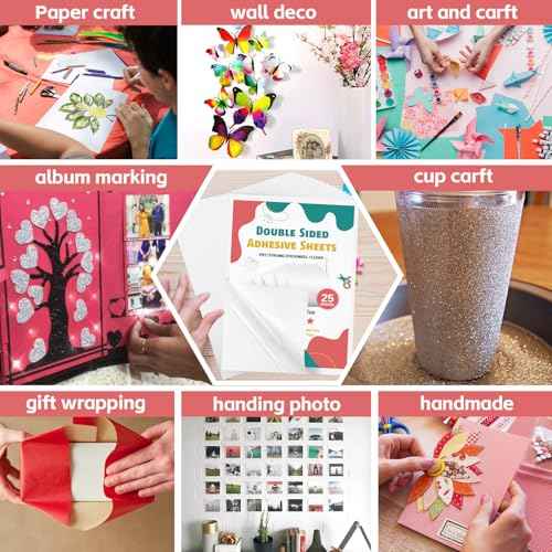 25 Sheets Clear Double Sided Adhesive Tape - Heavy Duty Sticky Crafts Tape Sheets for DIY Art, Tumbler Wrapping, Home Decoration, Scrapbooking (Strong & Removable)