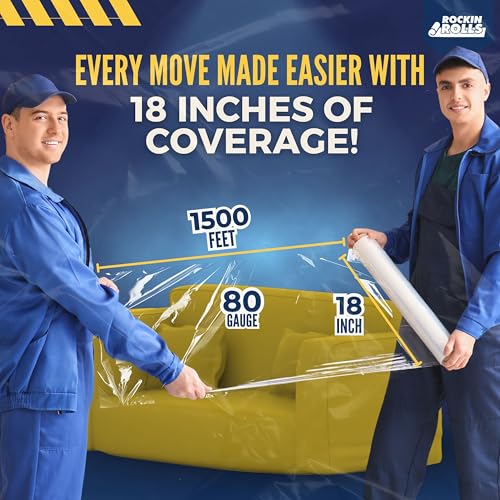Rockin Rolls 18" x 1500 FT Clear Stretch Film Shrink Wrap - 4 Rolls, Heavy Duty, Recyclable