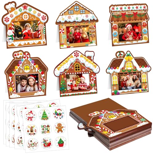 200 Sets Christmas Photo Cards with Envelopes Stickers Christmas Cards with 4 x 6 Photo Insert Picture Frame Holders for Xmas Holiday Greeting Supplies(Gingerbread House, White)