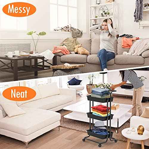 3-Tier Rolling Utility Cart with Wheels, Multi-Function Storage Cart with Lockable Wheels and Mesh Basket, Perfect for Use in Your Kitchen, Bathroom or Living Room or Balcony,Black