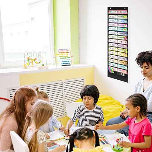 REGELETO 15+1 Pockets Daily Schedule Pocket Chart with 30 Pcs Double-Sided Reusable Cards, Scheduling Pocket Chart for Classroom Office Home Preschool Activity(Black)¡¦