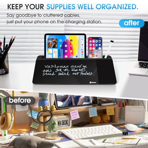 Varhomax Glass Desk Whiteboard Black with Wireless Charger, Desktop Dry Erase White Board with Storage,to Do List Memo Notepad for Home and Office