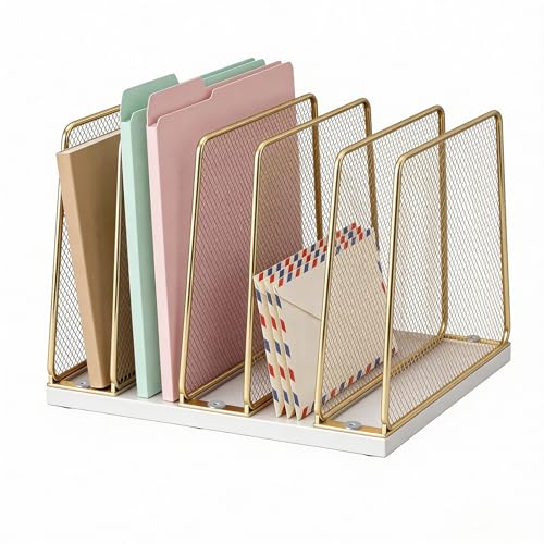 LEKETREE Gold Desk File Organizer - 5-Section Vertical Mesh Metal & Wood, White & Gold