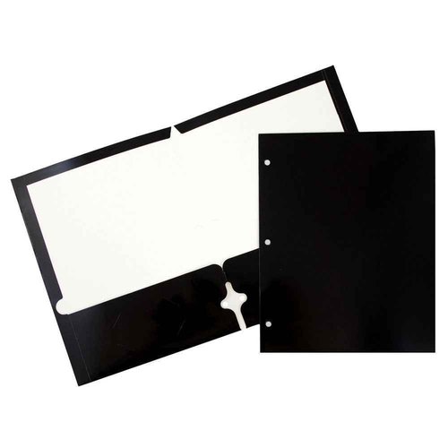 JAM PAPER Laminated Two Pocket Glossy 3 Hole Punch School Folders - Letter Size - High Gloss Black - Bulk 50/Box