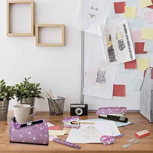 Yunlly 6 Pack Bling Office Stationery Set Desk Accessory Office Set Includes Pen Scissor Stapler Staple Remover 1000 Pcs Staples Tape Dispenser with Diamond Inlay for Home Desk(Purple)