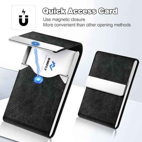 Business Card Holder for Women or Men, Business Card Case with PU Leather and Stainless Steel, Slim Metal Case with Magnetic Closure for Business Meeting Use