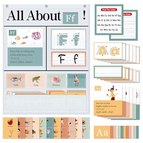 All About Letters Pocket Chart with 99 ABC Flash Cards, Letter of The Day/Week Daypocket Chart, Letter Tracing Learning Educational Wall Chart Preschool Classroom Homes, 34" X 27"White