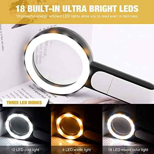 JMH Magnifying Glass with Light, 30X Handheld Large Magnifying Glass 18LED Cold and Warm Light with 3 Modes, Illuminated Lighted Magnifier for Seniors Reading, Coins, Jewelry