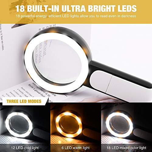 Black JMH Magnifying Glass with Light - Handheld LED Illuminated Loupe for Seniors, Coins, Jewelry, 3 Modes