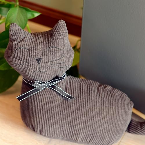 Kitty Cat Door Stops, Set of 2, Bow Collars, Grey and Brown Corduroy Fabric, Weighted, 11.75 Inches
