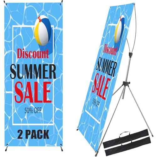 2 Pack X Frame Banner Stand Adjustable Size 23"X 63" to 32"X 78" with Portable Retractable Carrying Bag, Customize Banner Stand for Trade, Show Exhibition Market and Store Display