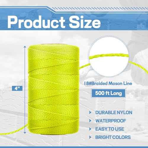 Amylove 6 Roll Mason Nylon String Nylon Braided Twine String Heavy Duty Outdoor Twine Rope Hanging Masonry Lines for Construction DIY Project Gardening(Fluorescent Yellow,500 ft)