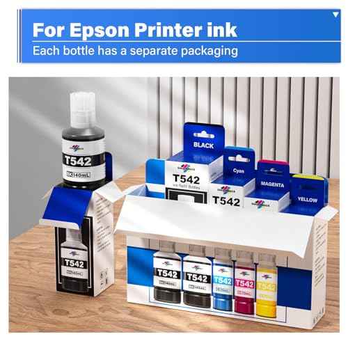 542 Ink Refill Bottles Compatible for Epson Ecotank ET-5850 ET-5150 ET-5800 ET-5170 ET-5880 ET-5180 ET-16600 ET-16650 ST-C5000 Printers, Compatible for Epson 542 Ink Refill Bottles Pigment (5 Packs)