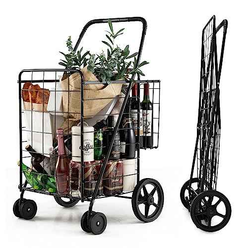 Flat Folding Shopping Cart, 130 LBS Heavy Duty Utility Cart W/ 360¡Æ Swivel Front Wheels, 24" x 23" x 40" Foldable Grocery Cart for Laundry, Shopping, Groceries