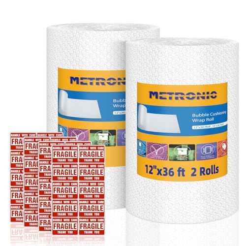 Metronic Bubble Cushioning Wrap 2 Pack 12 Inch x 72ft Total, Dense Bubble Packing Air Wrap Clear Bubble Packing Roll for Shipping and Moving Supplies, Perforated Every 12" (Made in USA)