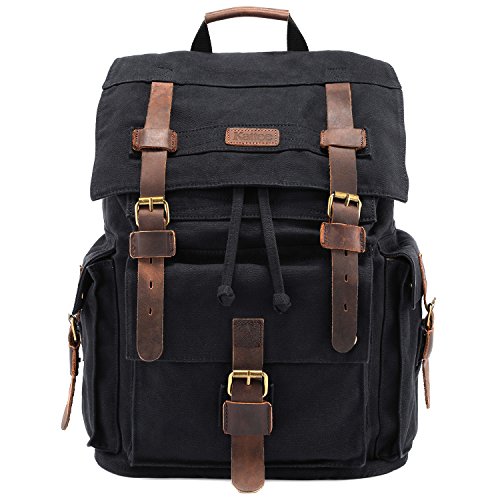 Kattee Men¡¯s Leather Canvas Backpack Large School Bag Travel Rucksack Black