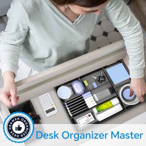 Desk Drawer Organizer, Office Drawer Divider Organizer Tray with 6 Compartments, Metal Mesh Desktop Organization and Accessories for Stationery Makeup Kitchen Toolroom School £¦Office, 12.6x8.27x1.6 in