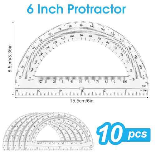 10 Pack Clear Protractor, 6 Inch Plastic Protractors, 180 Degrees Accurate Math Geometry Tools for School, Office, Classroom (Clear)