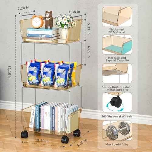 FOLLOWIN 3-Tier Rolling Utility Cart,Plastic Storage Cart with Wheels,Movable Storage Cart Organizer for Living Room,Kitchen,Bathroom,Pantry,Nursery,Amber