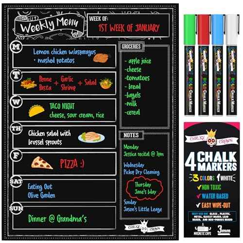 CHALKY CROWN Magnetic Dry Erase Menu Board for Fridge Includes 4 Liquid Chalk Markers - Weekly Meal Planner Blackboard, Grocery List & Notepad for Kitchen Refrigerator - Chalkboard Magnet
