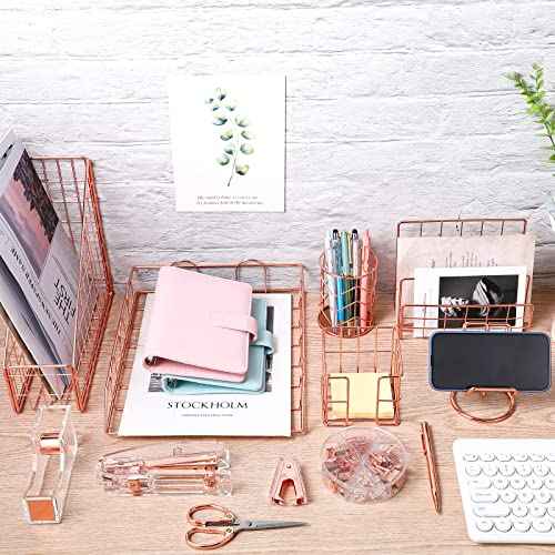 Yaomiao 13 Pcs Desk Accessories Kit Organizer Office Supplies Christmas Women School Gift Acrylic Stapler Staple Remover Tape Holder Pen Cup Magazine File Letter Clip Phone Holder Scissor(Rose Gold)