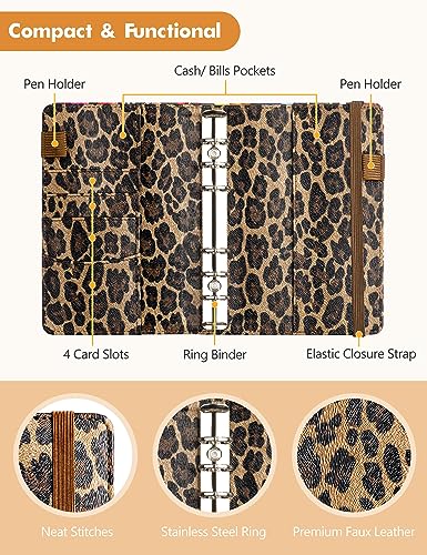 Zreal Brown Leopard A6 Budget Binder with 8 Cash Envelopes & Rose Gold Stickers