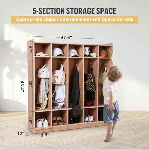 Garvee 5-Section Classroom Coat Locker, 10 Cubbies w/Anti-tip Kit for Classrooms, Daycare Cubby with 4 Casters, 5 Hooks and 2 Storage Boxes, for Home, School, Kindergarten