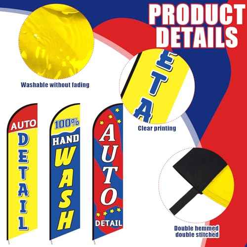 3 Pack Car Wash Sign Feather Flag 12 x 2.5 ft Auto Detail Hand Wash Windless Flags Large Advertising Feather Flag for Business Advertising