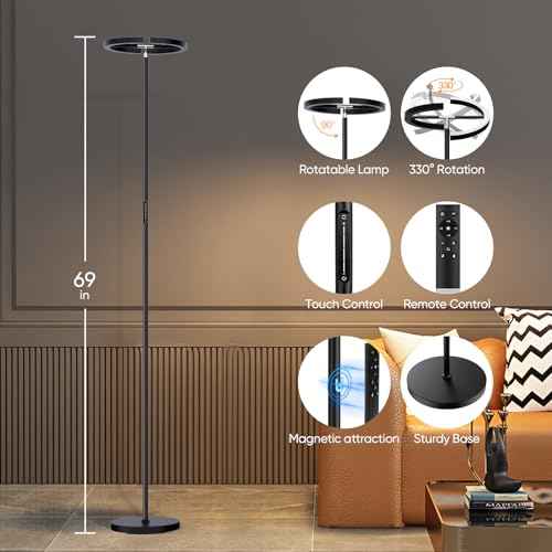 LED Floor Lamp - Rotatable Standing Lamp with Touch & Remote Control, 3000-6000K, 22W Modern Floor Reading Light, Dimmable Corner Uplighter for Living Room Bedroom Office, Black