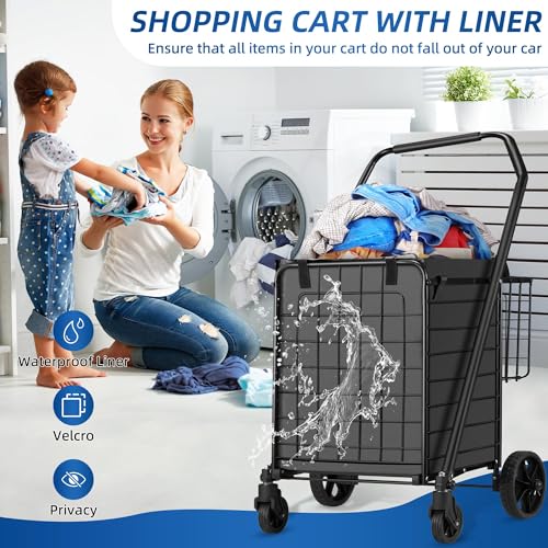 HABUTWAY Grocery Cart on Wheels for Groceries, Folding Shopping Carts with Liner, 110LBS Large Capacity Jumbo Grocery Cart with Dual Basket, 360¡Æ Rolling Laundry Cart, Lightweight Trolley for Senior
