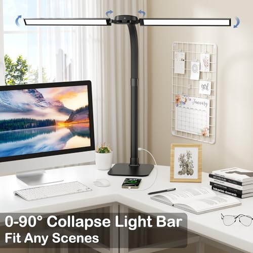 Desk Lamp with USB Charging Port for Home Office 24w Architect Remote Base Dual Task Led Light Modern 5 Color Modes Dimmable Adjustable Gooseneck Double Head Reading Drafting Eye Caring Tall Lamps