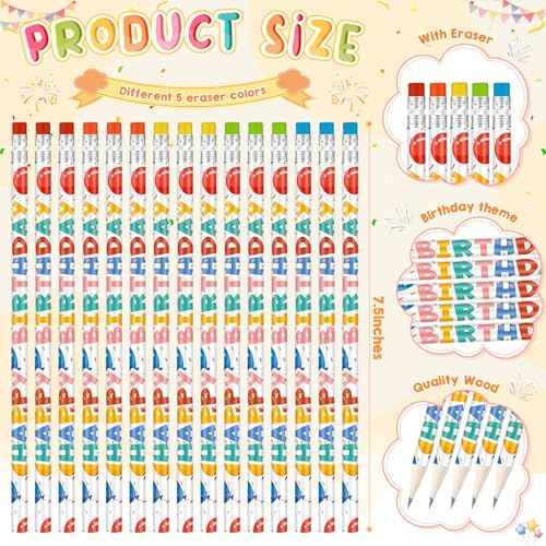 Kosiz 400pcs Happy Birthday Pencils Bulk for Students Classroom Back School Birthday Gifts Colorful Printed with Top Erasers Suitable for Teachers Class Reward Kids Party Supplies