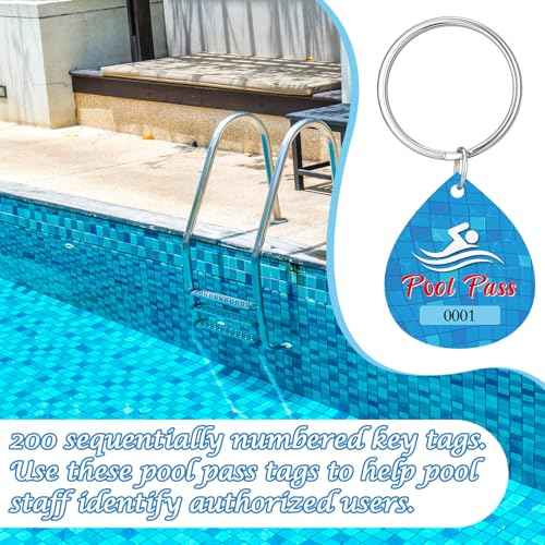 Honoson 200 Pcs Pool Pass Tags with Consecutive Numbers 0001-0200 Water Drop Shape Pool Keychain with Ring