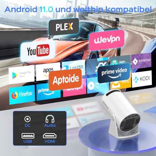 Mini Projector With WiFi and Bluetooth, 180 Rotatable Portable, 150" Smart With Android TV 11, 1080P Support Decoding Projectors 4K, 2.4G/5G WiFi6, Auto Keystone for Home Outdoor Proyector, White