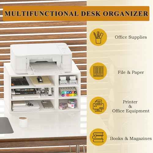 MARTY Printer Stand with Storage for Desk Large Desktop Printer Stand Shelf Riser with 6 Storage Compartments Wood Desk Paper Organzier File Organizer for Home/Office, White