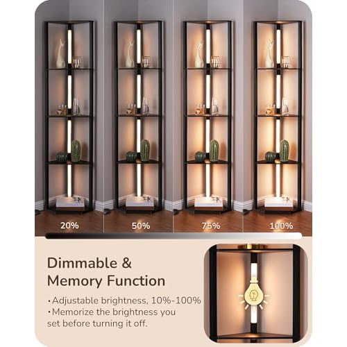 EDISHINE 64" Corner Display Shelf with Light, Modern Corner Floor Lamp with Shelves, 3CCT, Stepless Dimmable Standing Lamp for Living Room, Bedroom, Office, Dining Room, 3000K 4000K 5000K, Black