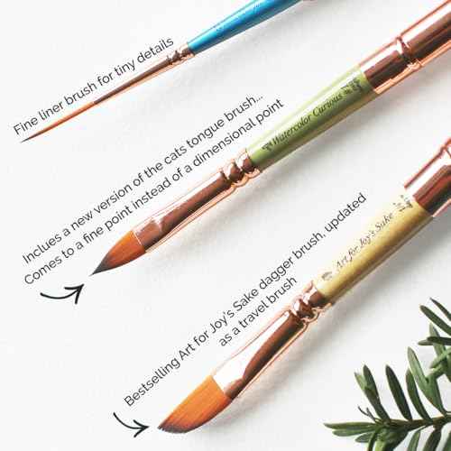 Set of 3 Travel Watercolor Brushes in Inspirational Pouch Designed for Watercolor, Gouache and Acrylic Paints