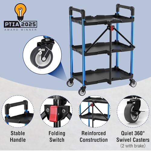 WORKPRO 3-Tier Collapsible Utility Cart Black Blue 210 LBS with Wheels